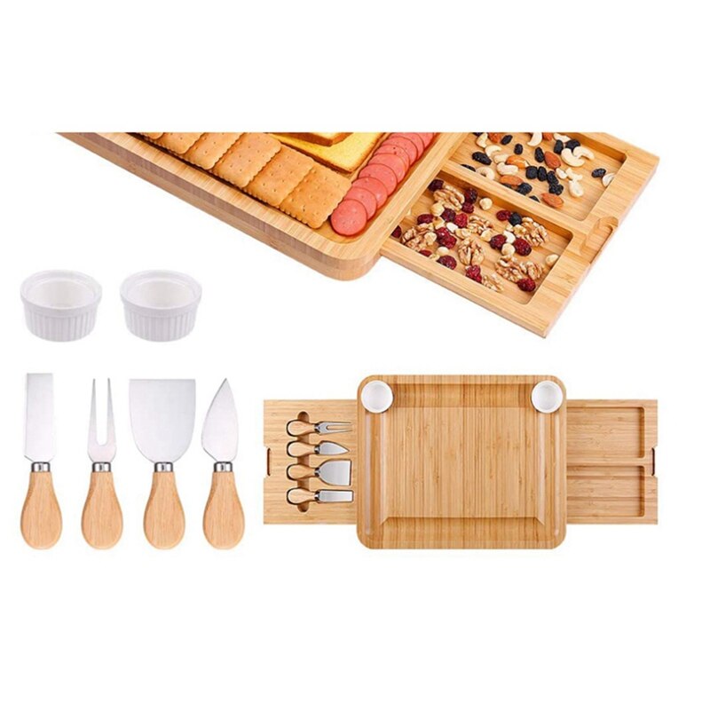Natural Bamboo Cheese Board And Knife Set With Cheese Tools Cheese Plate Cheese Board Chopping Board With Four Knives