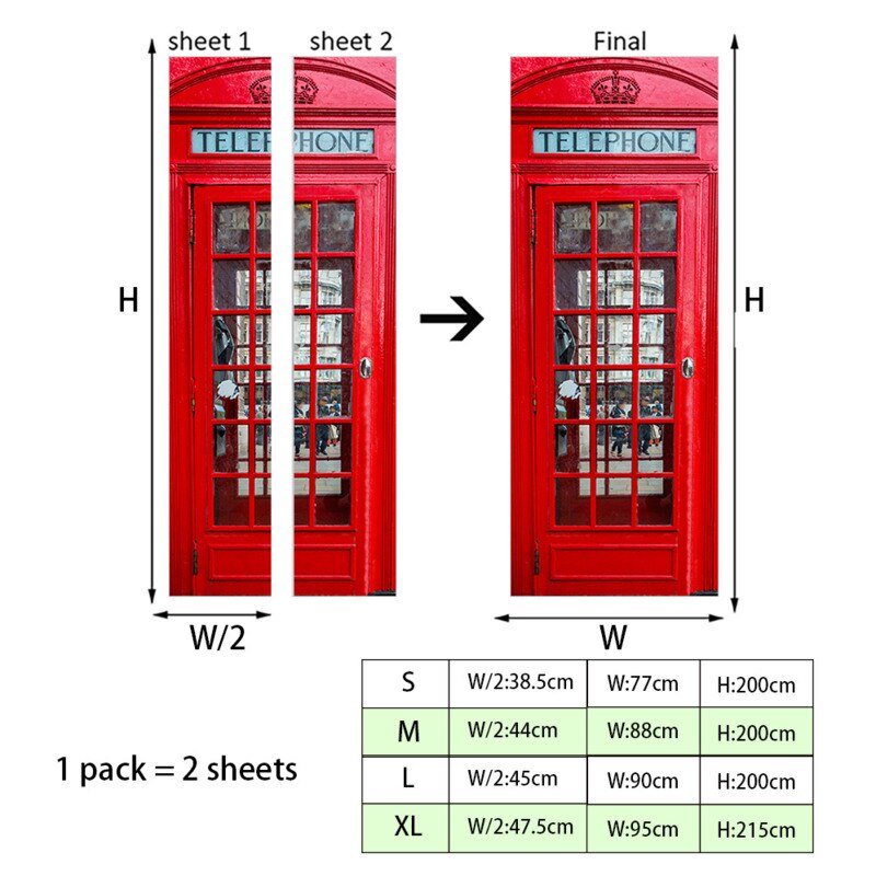 London Red Telephone Booth Home Wooden Door Renovation Decorative Painting Wall Sticker Door Sticker Bathroom Decoration