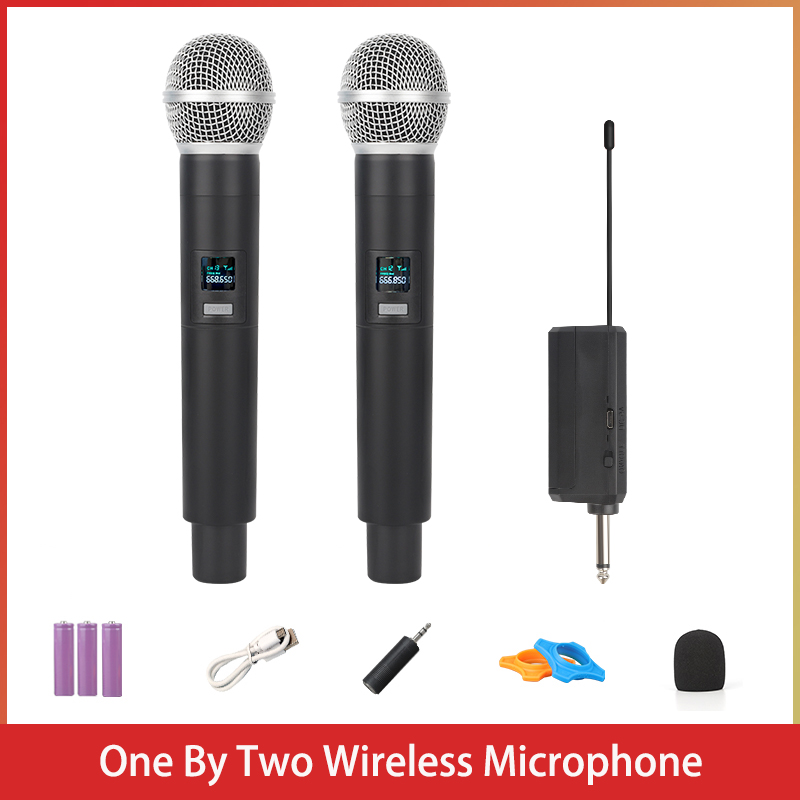 Wireless Microphone 4 Channels VHF Dual Handheld Dynamic Cordless Mic System Set For Shure Karaoke Voice Amplifier PA System: black