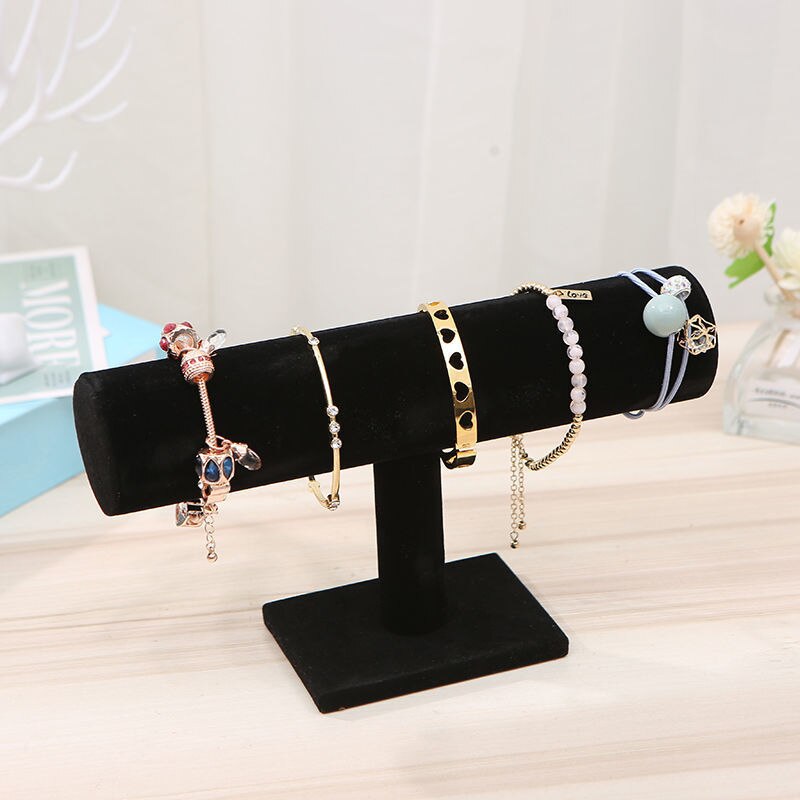 Draagbare Fluwelen/Pu Lederen Armband Ketting Display Standhouder Horloge Sieraden Organisator T-Bar Rack: Black Velvet