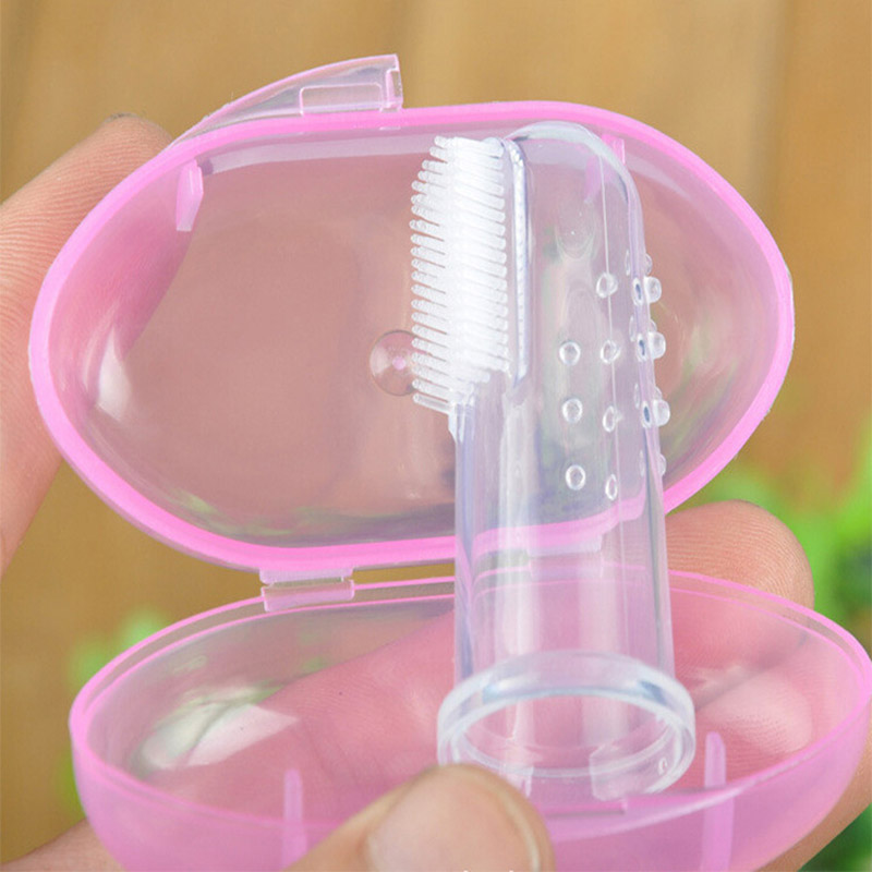 Baby Finger Toothbrush Silicon Toothbrush+Box Children Teeth Clear Soft Silicone Infant Tooth Brush Rubber Cleaning Baby Brush: 2pcs pink box brush