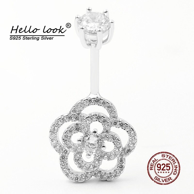 Hellolook 925 sterling silver navel piercing rose flower belly button rings for women anti-allergy navel ring body jewelry: 10mm