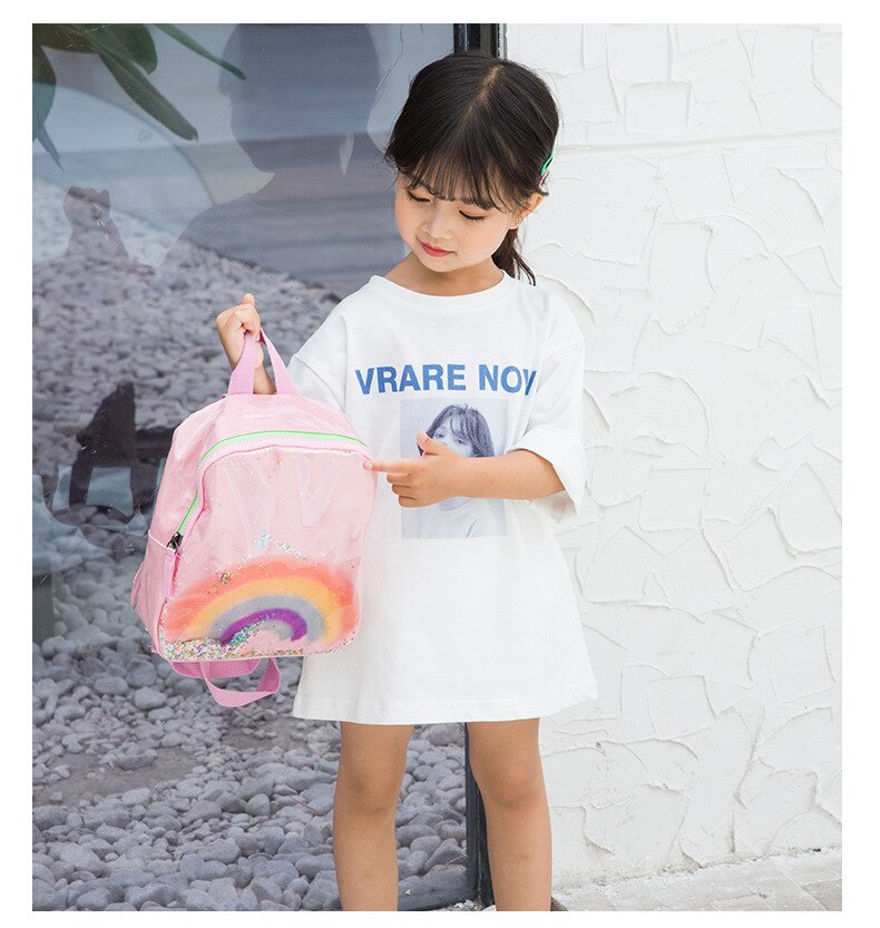 Mochila para niñas pequeñas con arco iris, mochila escolar bonita, mochila con lentejuelas brillantes para niños