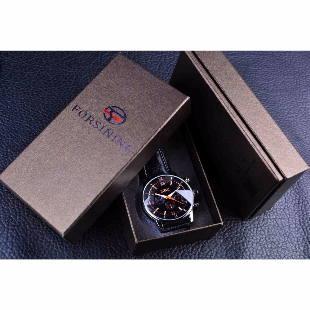 Jaragar Klassieke Automatische 6 Handen Kalender Lichtgevende Handen Zwart Lederen Band Heren Horloges Business Luxe Mechanische Mannelijke Klok