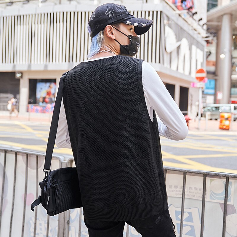 Singleroad oversized herre strikket genser vest herre vester harajuku hip hop gensere koreansk khaki ermeløs genser herre