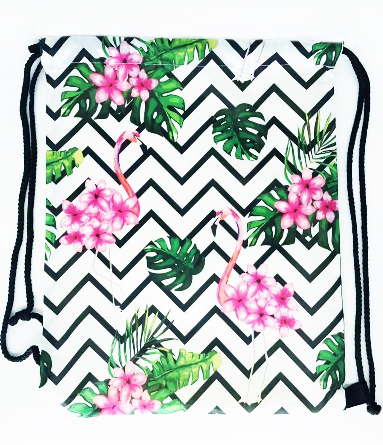 Mochila de corda para mulher, cor verde com estampa de pijamas e flores, 100% poliéster
