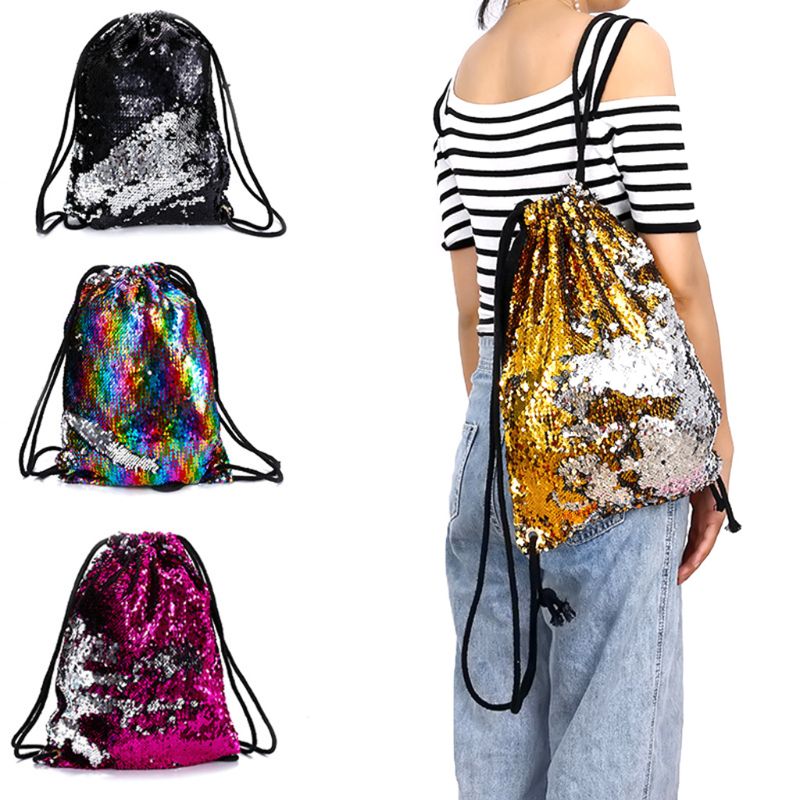 Vändbar paljett dragsko ryggsäck glitter cinch pack väskor flip paljetter lysande sport ryggsäck för barn vuxna  e5bc