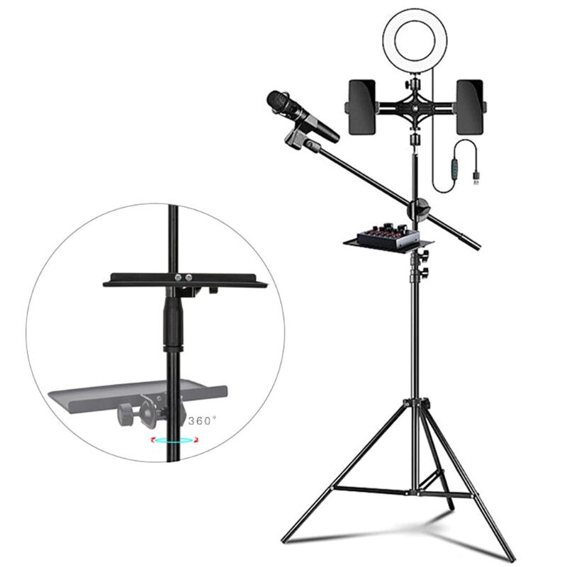 Microphone Stand Tray - 200x130mm - Carbon Steel + Rubber - for Live Broadcasts + Phone Clip Holder