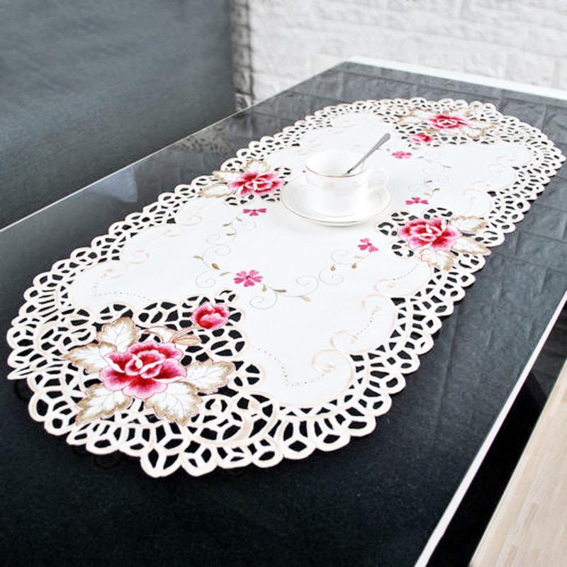 oval landstil blomsterbrodert blondere duk bordmatte bryllup bursdagsfest borddeksel dekor oljetett 40*85cm