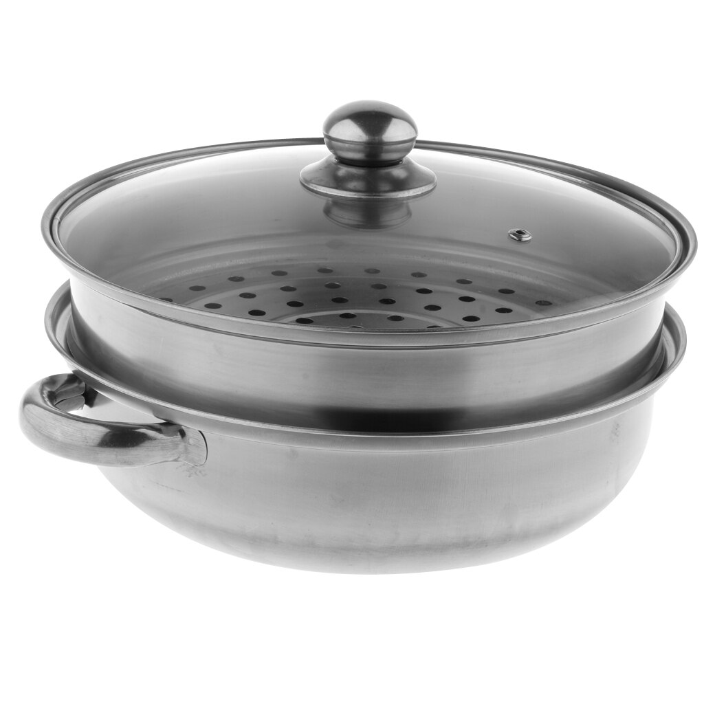 Stainless Steel Steam Cooker Steamer Pan Cook Pot Set Glass Lid: 2 Tier A
