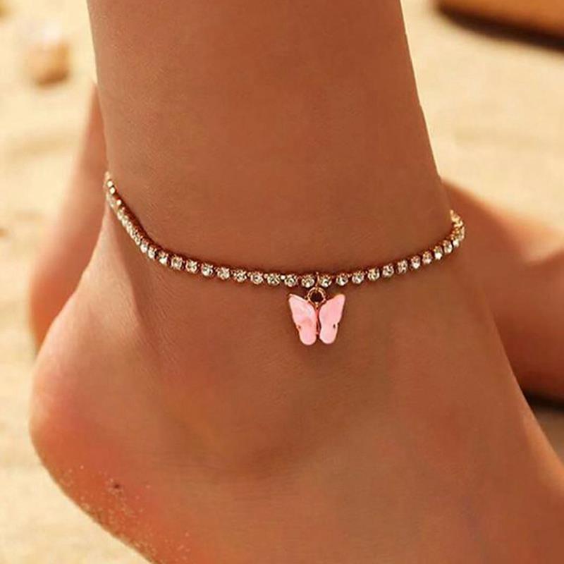 1pc Butterfly Pendant Anklet Rhinestone Decor Adjustable Ankle Bracelet Beach Foot Chain For Women Jewelry Accessories