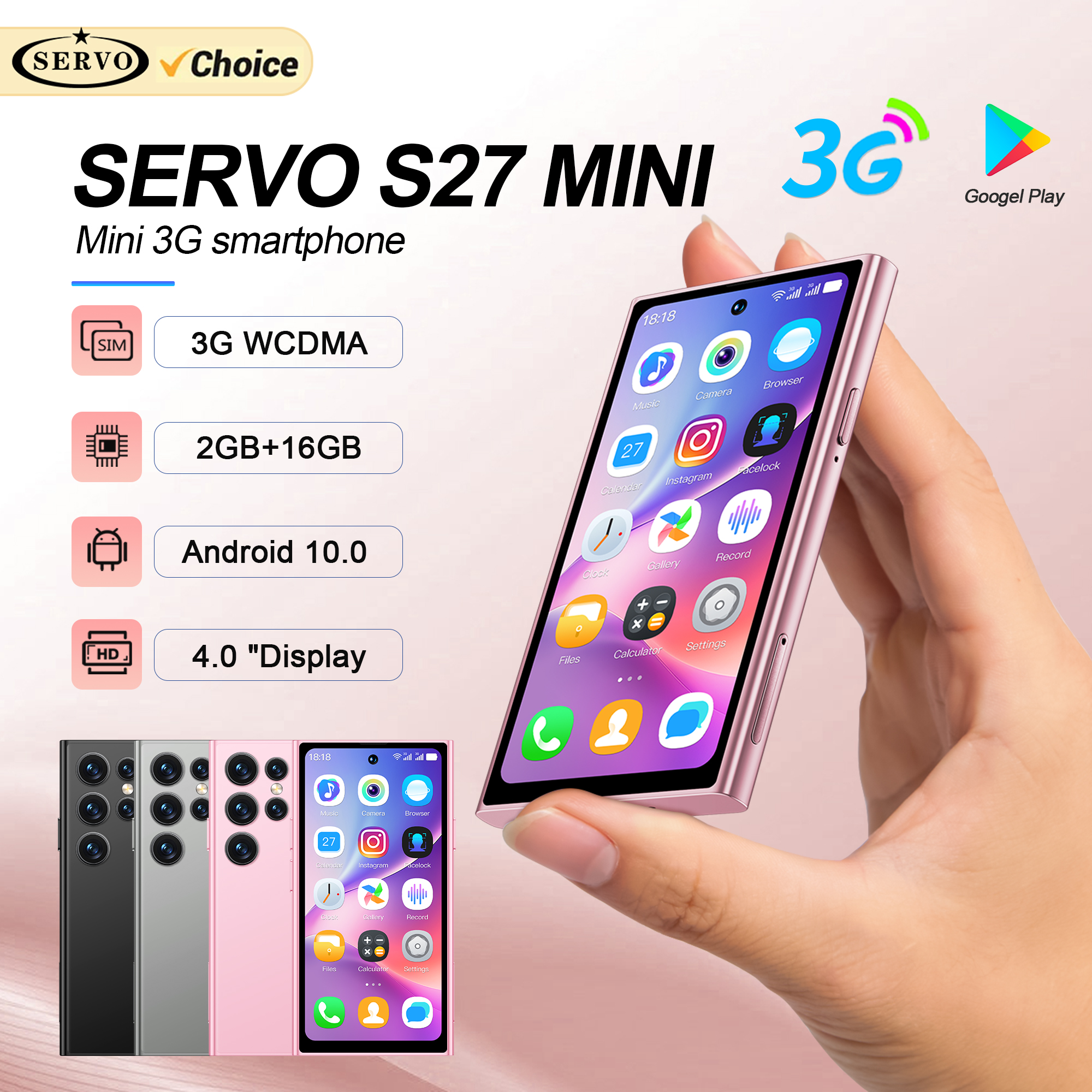 SERVO S27 Mini-Smartphone Android 10.0 WCDMA 3G Mobilfunk Dual SIM 4,0" Display GPS 2000mAh 2+16GB Pocket Smartphones Play Store