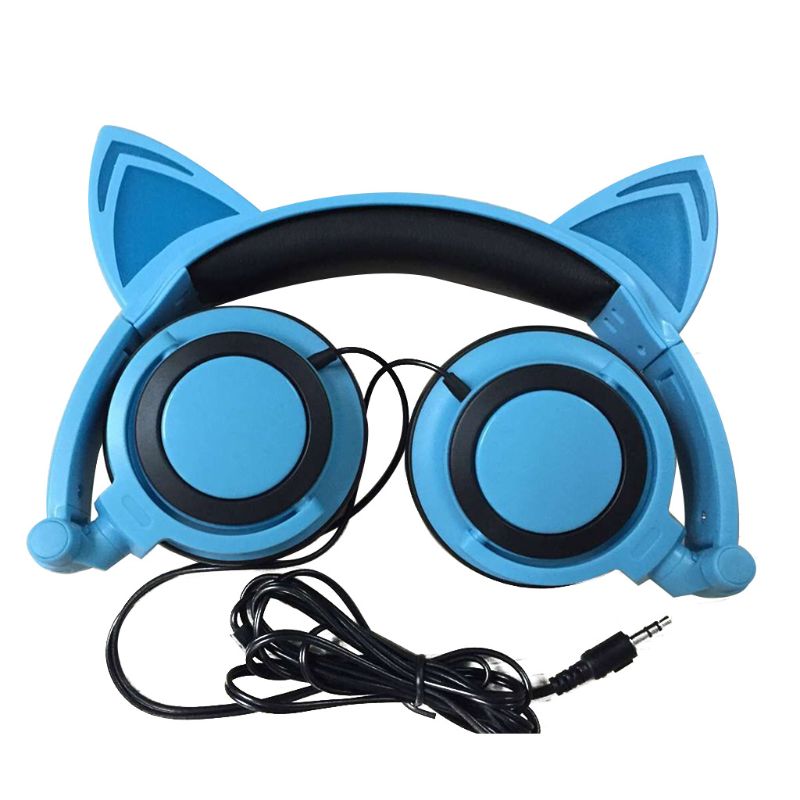 Gaming Headset - Wired - Glowing Cat Ears - Foldable - Portable - for Kids: Blue