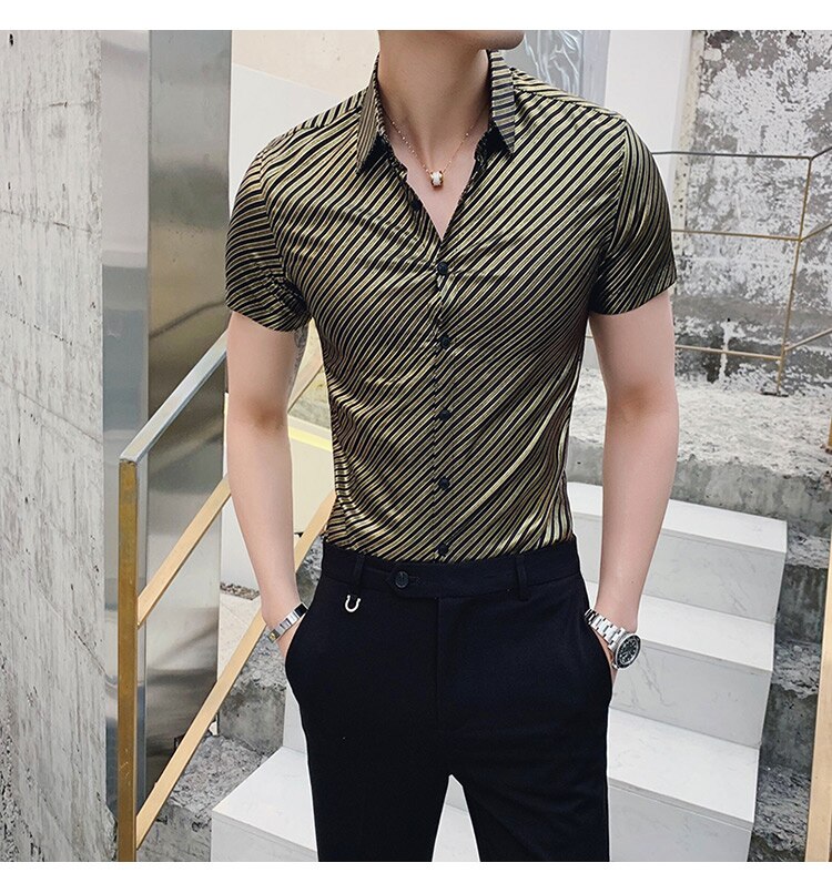 Mwxsd nachtclub heren gestreepte overhemden heren korte mouwen glanzend bronzing bedrukt slim fit overhemd heren casual slim fit overhemd