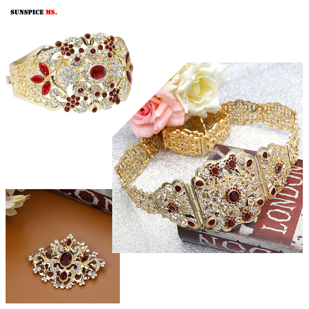 Sunspicems – ensemble de bracelets pour femmes, nouvelle ceinture Caftan couleur or, broche, Bijoux de mariage marocain algérien, cristal Dibai: 1290SETred