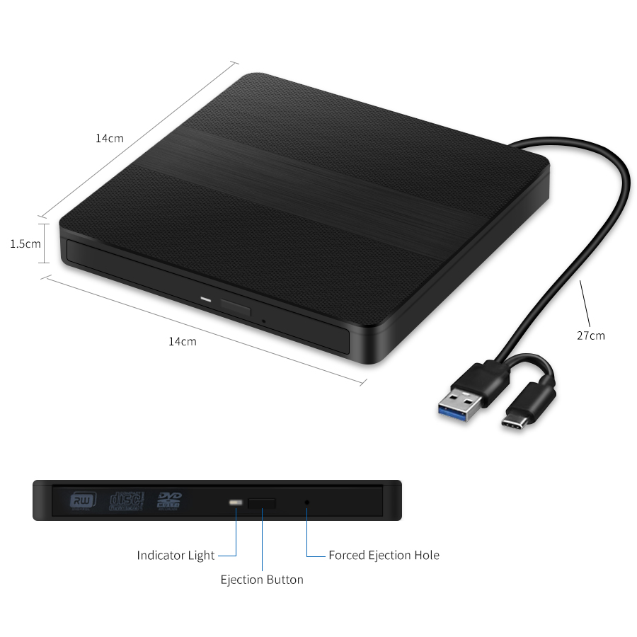 Tragbare 2-in-1 USB 3,0 Typ-C Schlanke Externe DVD RW CD Writer Laufwerk Brenner Leser Player Optische Laufwerke Für Laptop PC DVD Brenner: Default Title