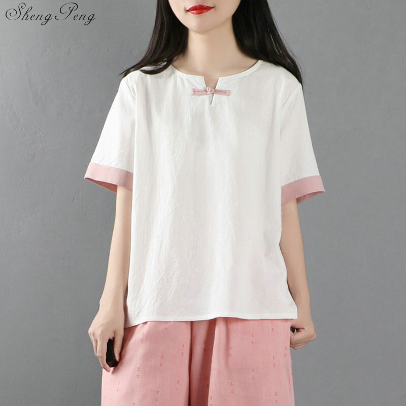 printemps femme traditionnel chinois haut coton lin Blouse Oriental Tang costume pour femme Hanfu Qipao chemise V1882