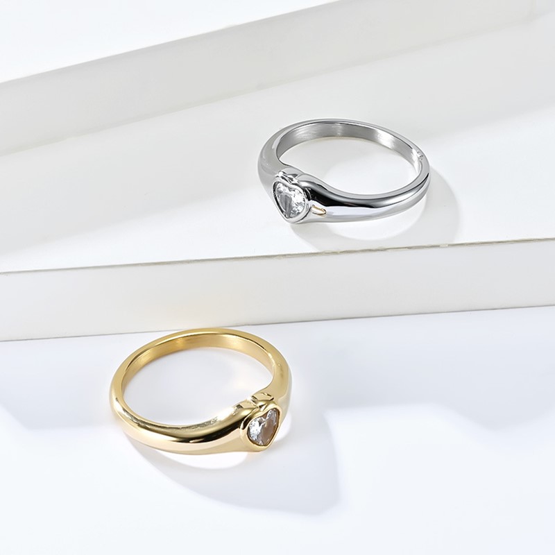 Anillo solitario de acero inoxidable con forma de corazón y circonita cúbica, alianza de boda para mujer y niña, talla 5-10