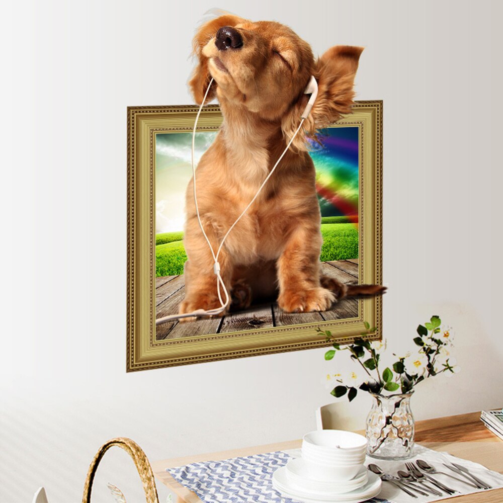 40x50cm 3D Dog Wall Sticker Removable 3D Hole Puppy Wall Decals Living Room Bedroom Decor