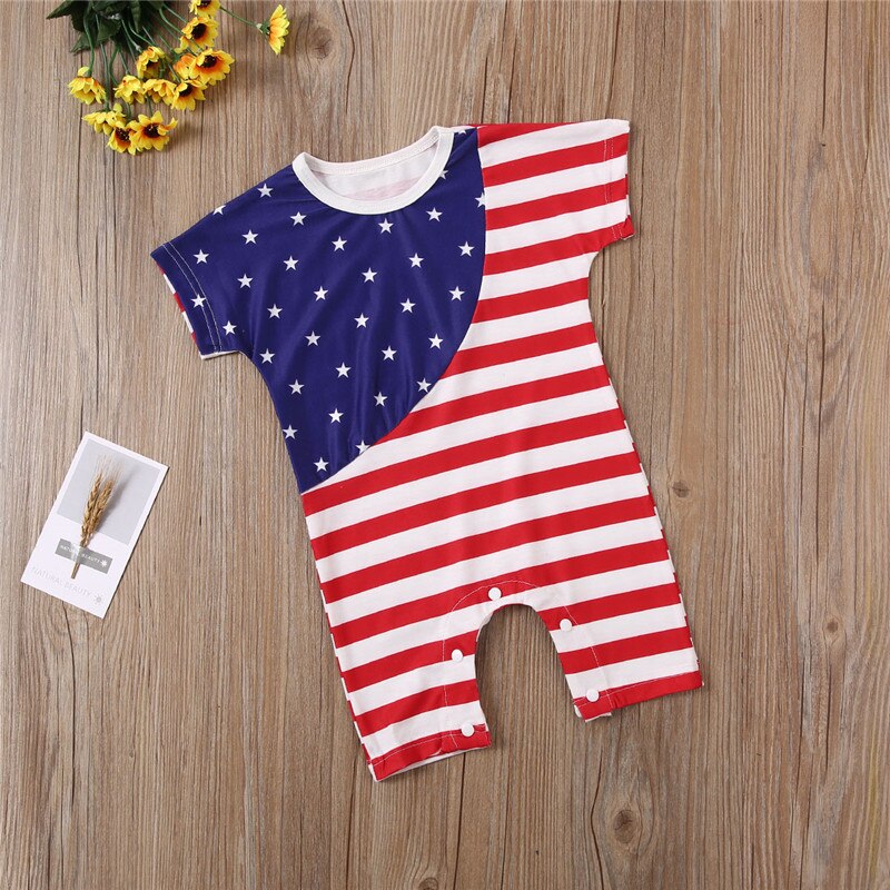 Independence Day Baby Baby Meisjes Jongens Rompertjes Gestreepte Print Korte Mouw/Mouwloze Jongens Romper Baby Katoen Jumpsuits Hoofdband