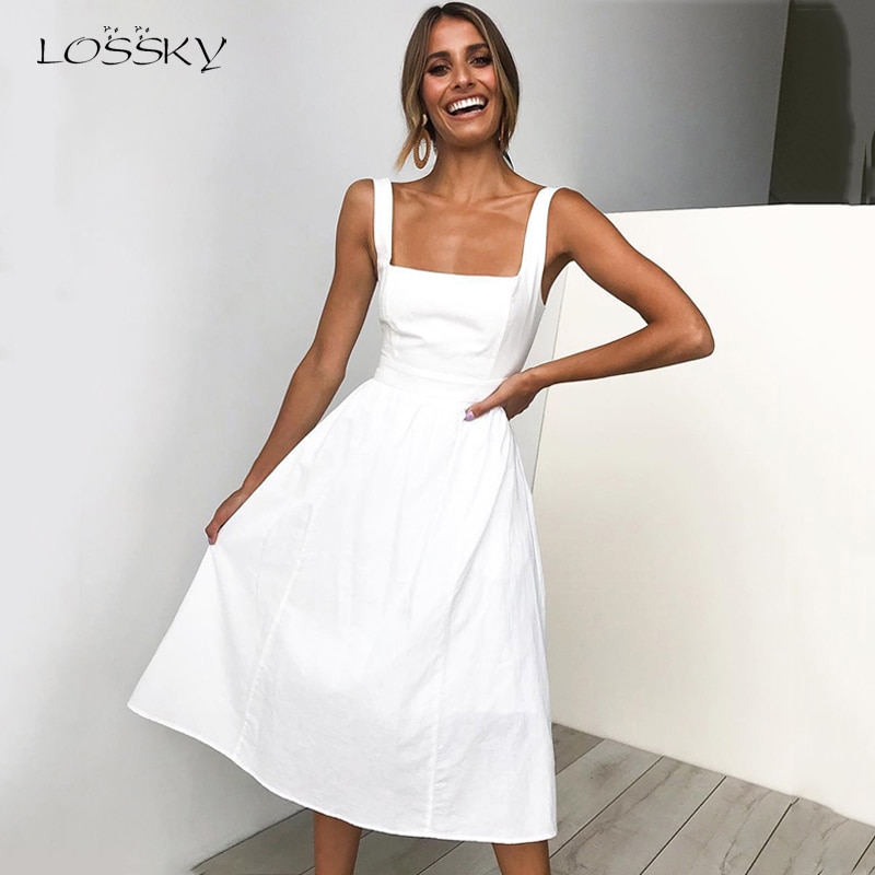 Lossky-vestido Midi largo informal de verano para mujer, vestidos lisos con Espalda descubierta, ropa acanalada para y ocio,