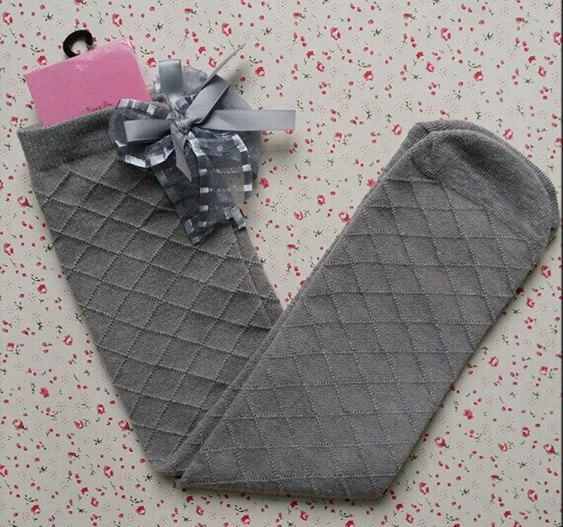 1 Pair Girls Socks Knee High Bowknot Plaid Style Children Kids Causal Elastic Socks Solid Colors For 2-8 Years Girls: gray