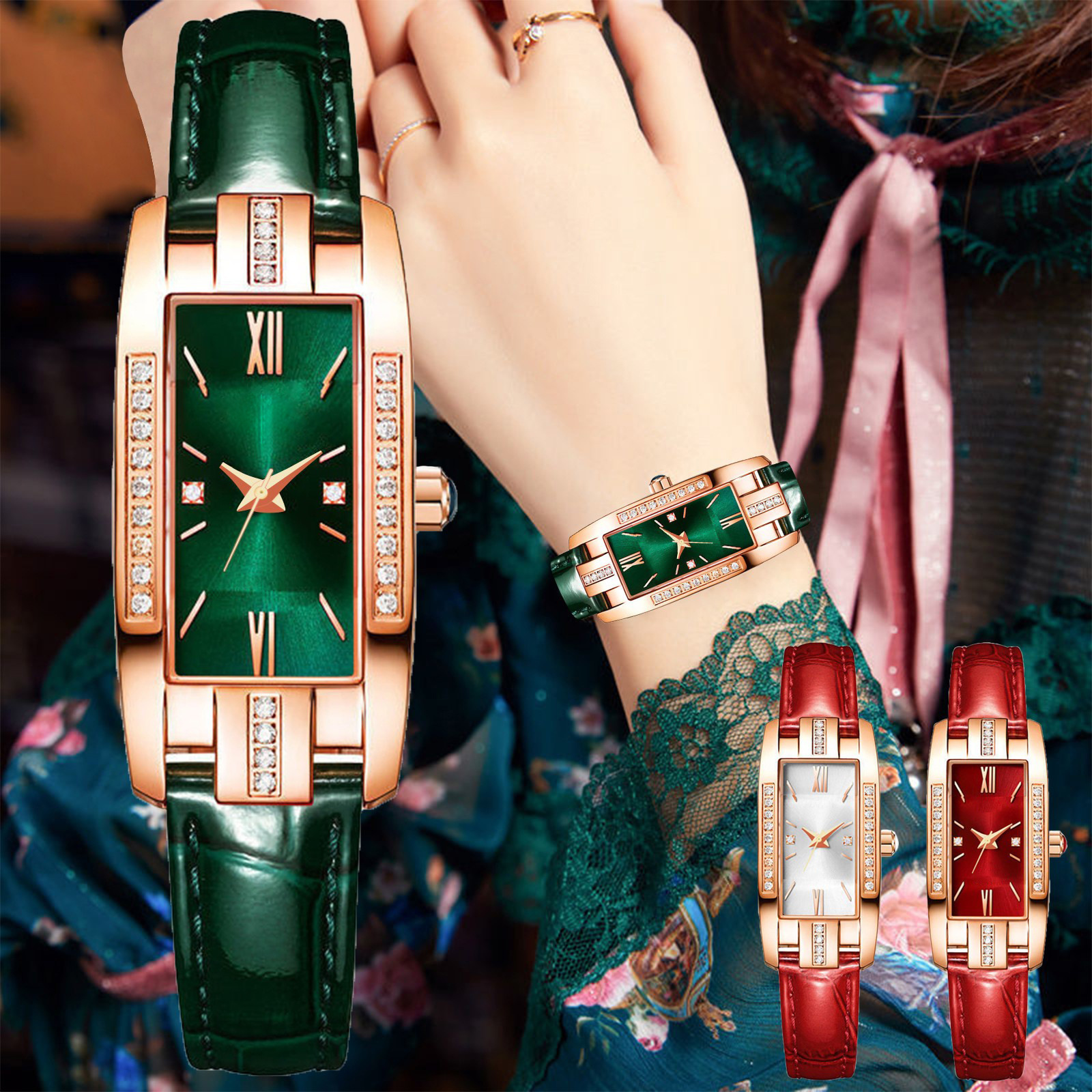 Luxe Kleine Groene Riem Diamant Vrouwen Horloge Kleine Vierkante Horloge Retro Vrouwen Horloge Relojes Para Mujer