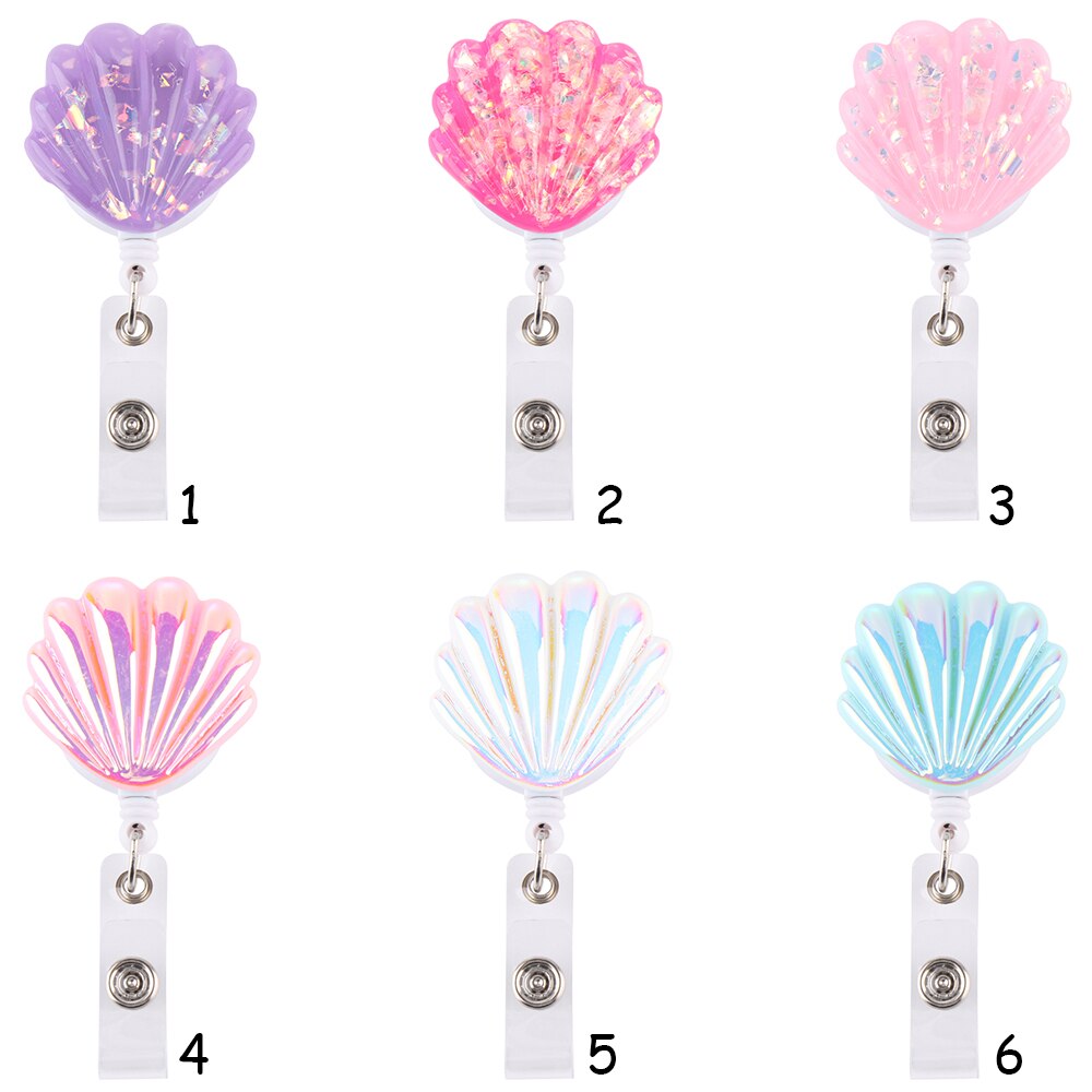 6 colors Shell Shape Resin Pull Name ID Card Badge Reel Holder Nurse Badge Reel Clip Retractable Exhibition Chest Card