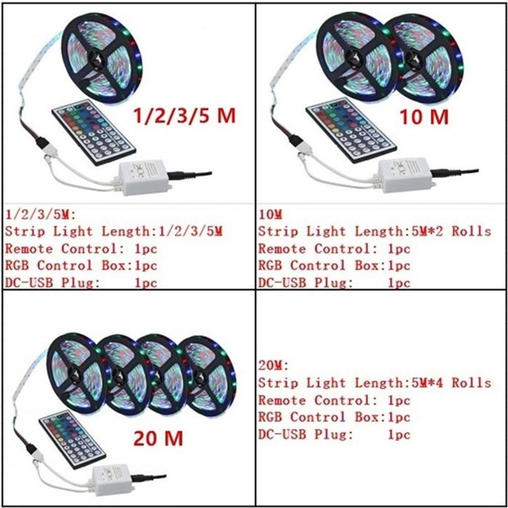 5/10/20m SMD 2835 LED Strip Light IP33 RGB Flexible Tape Ribbon Lamp with 12V 44 Keys Remote Controller for Room Decoration