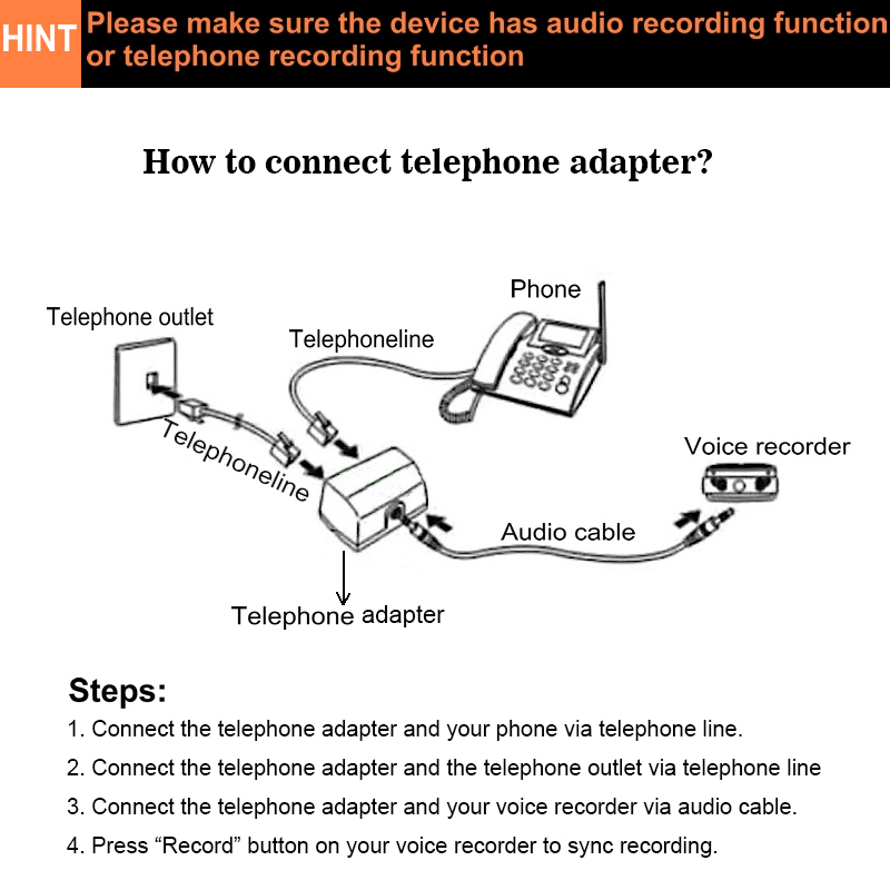 JOXINSH Telefonadapter für digitales Diktiergerät, Telefonleitung, Audiokabel, Linie-in-Kabel, unterstützt 3,5 mm MIC-Schnittstelle