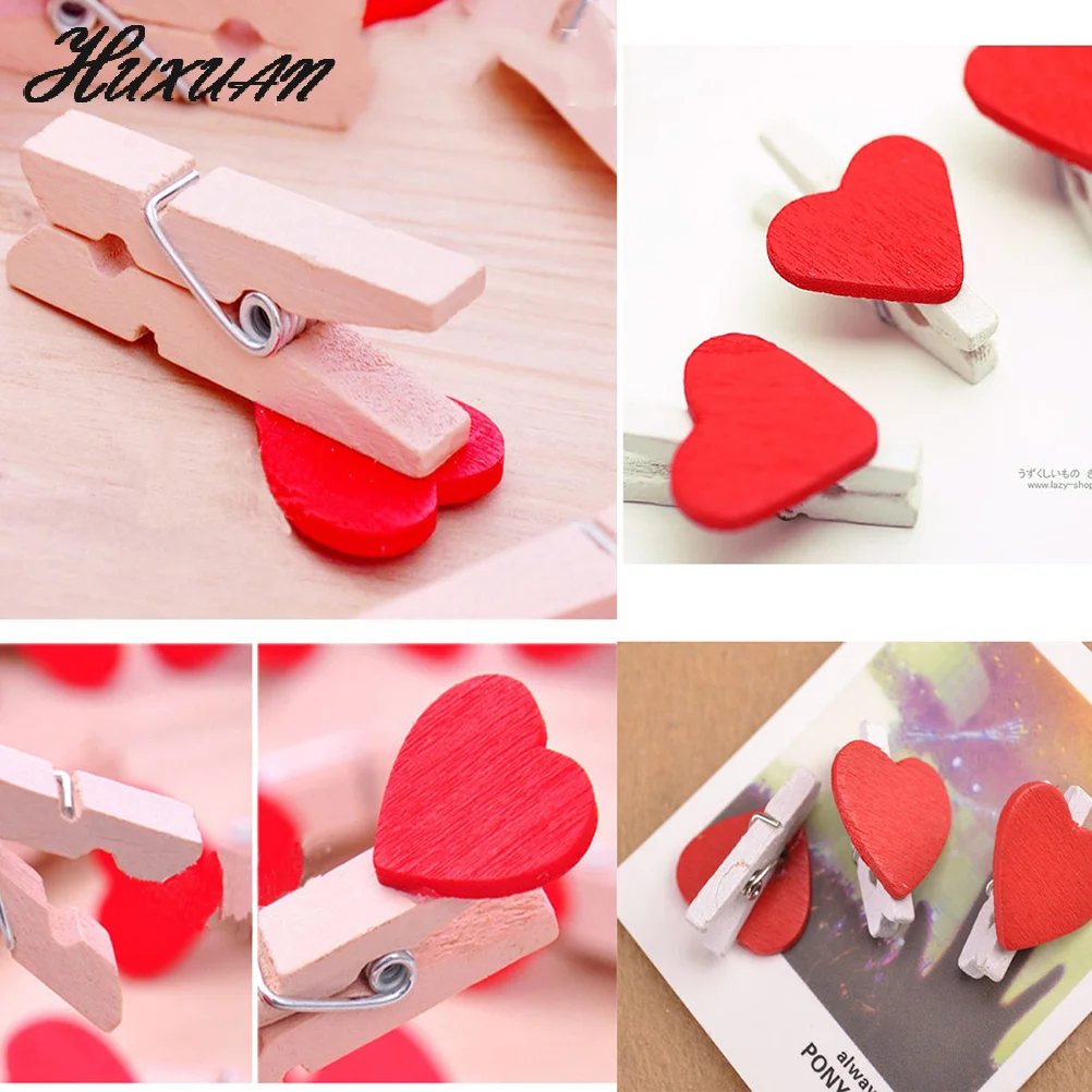20/50Pcs Mini Loving Red Heart Shape Wood Clips Handicrafts Photos Papers Clothes Pegs Home Bachelorette Party Decorations