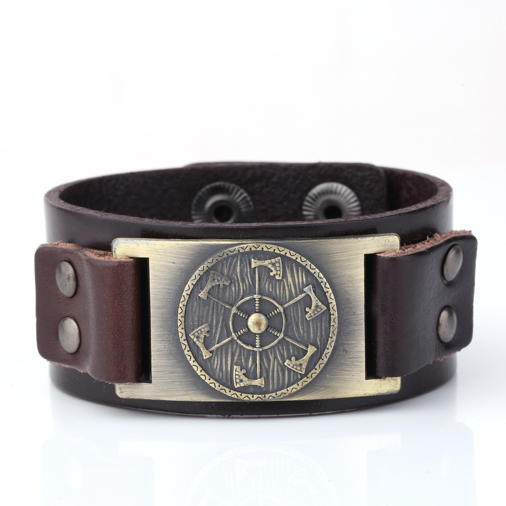 Skyrim – bracelet en cuir large avec pendentif de hache Viking, bijoux de la mythologie nordique, amulette Kolovrat esclave Wicca Pulseira: brown-bronze