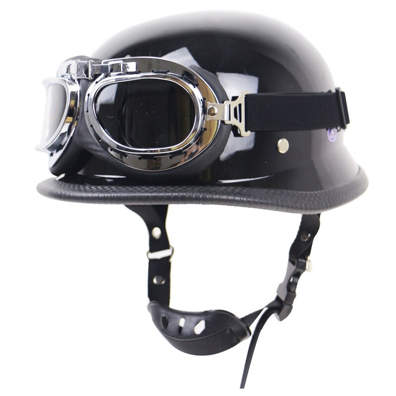 DOT Silver Plating Chrome Half Helmet Cruise Chopper Biker Pilot World War II German Style Motorcycle Open Helmet with Goggle: black / XXL