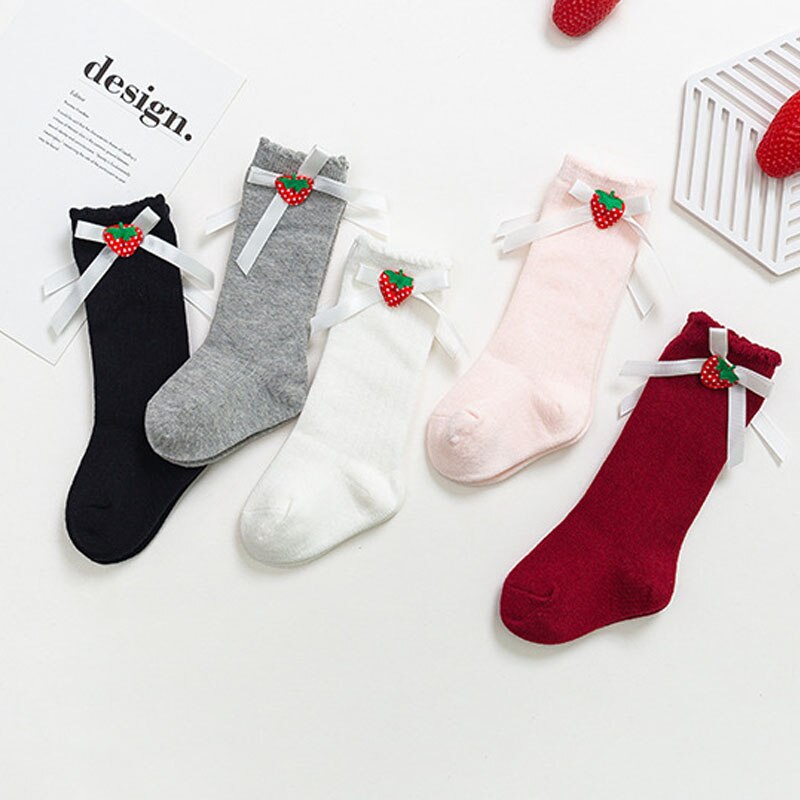 Calcetines largos hasta la rodilla con lazos para bebé, de algodón, Color liso, para primavera y otoño