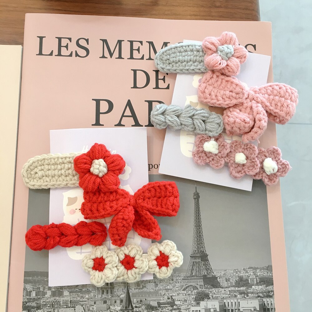 Otoño Invierno 4 unids/set Adorable de lana de punto Bowknot flor pelo Clip horquilla para las mujeres Accesorios
