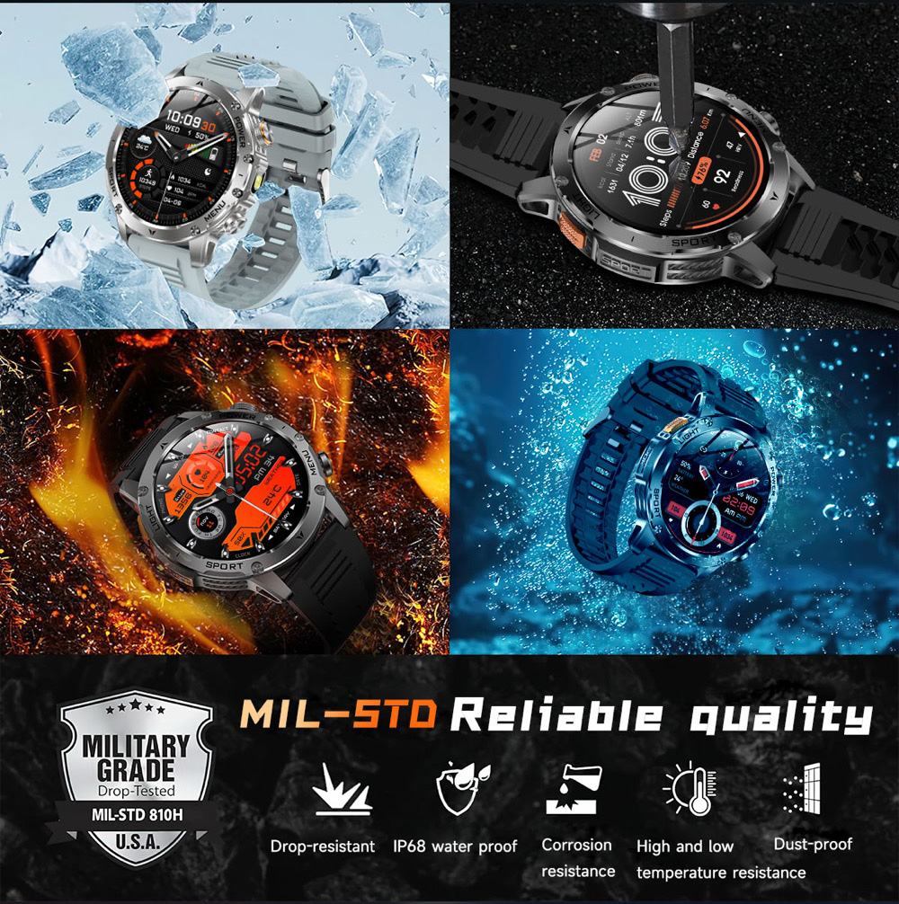 Nuovo Smartwatch Sport all'aria aperta Torcia SOS Chiamate wireless Orologi dente blu Frequenza cardiaca Meteo Musica Orologio intelligente impermeabile