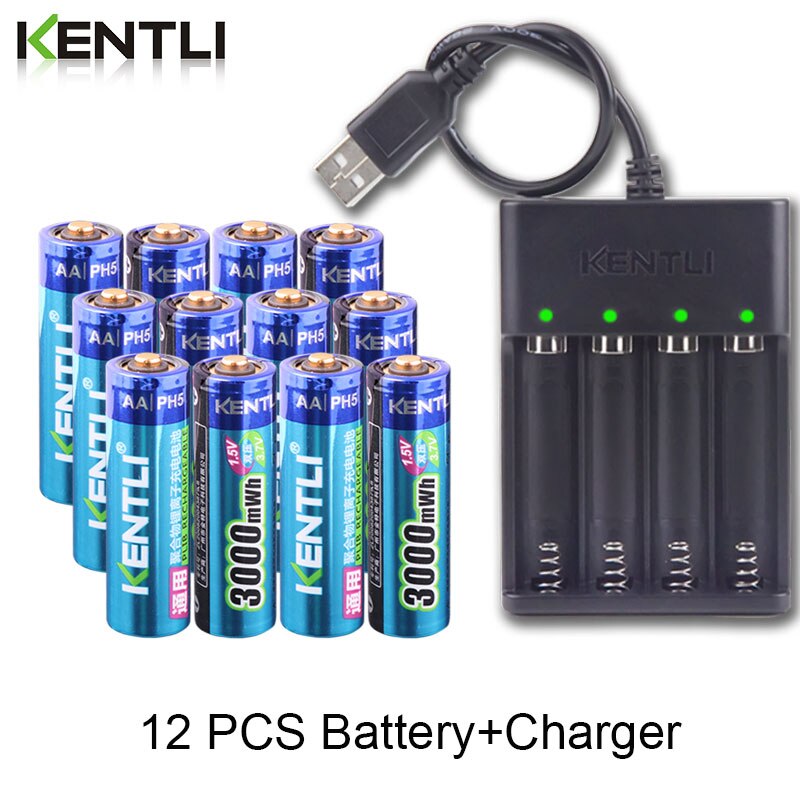 KENTLI AA 1.5V 3000mWh lithium li-ion rechargeable battery +4 Channel polymer lithium li-ion battery batteries charger
