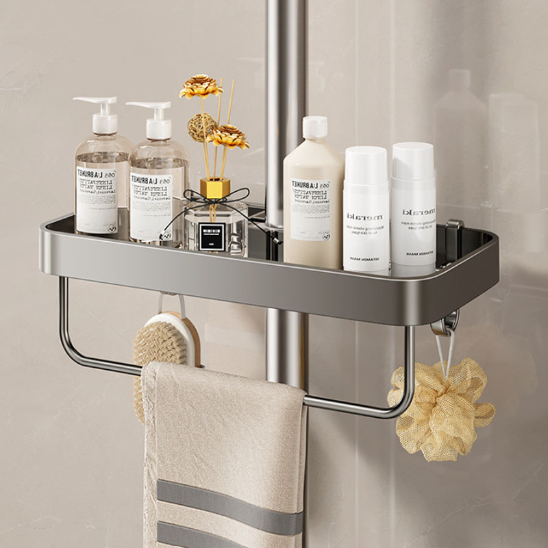 Rack de armazenamento para chuveiro de banheiro, haste de elevação, gel de banho, shampoo, organizador sem perfuração, suporte de liga de alumínio com ganchos