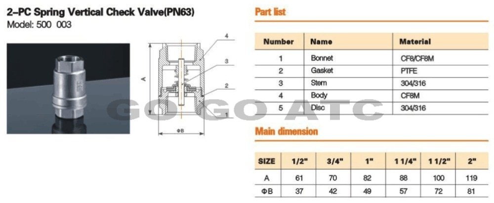 Roestvrij Staal (304) in-Line Lente Verticale Terugslagklep DN15-DN100 (1/2-2 "inch)