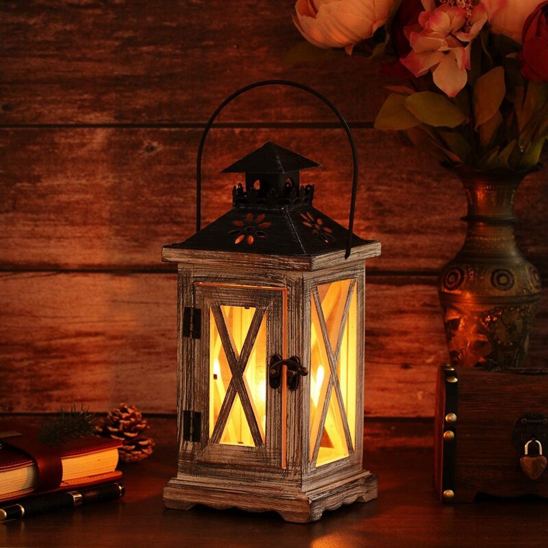 Paquete de 2 portavelas de farol decorativo, estilo rústico de madera para decoración colgante de pared de manto superior de mesa, uso en interiores y exteriores