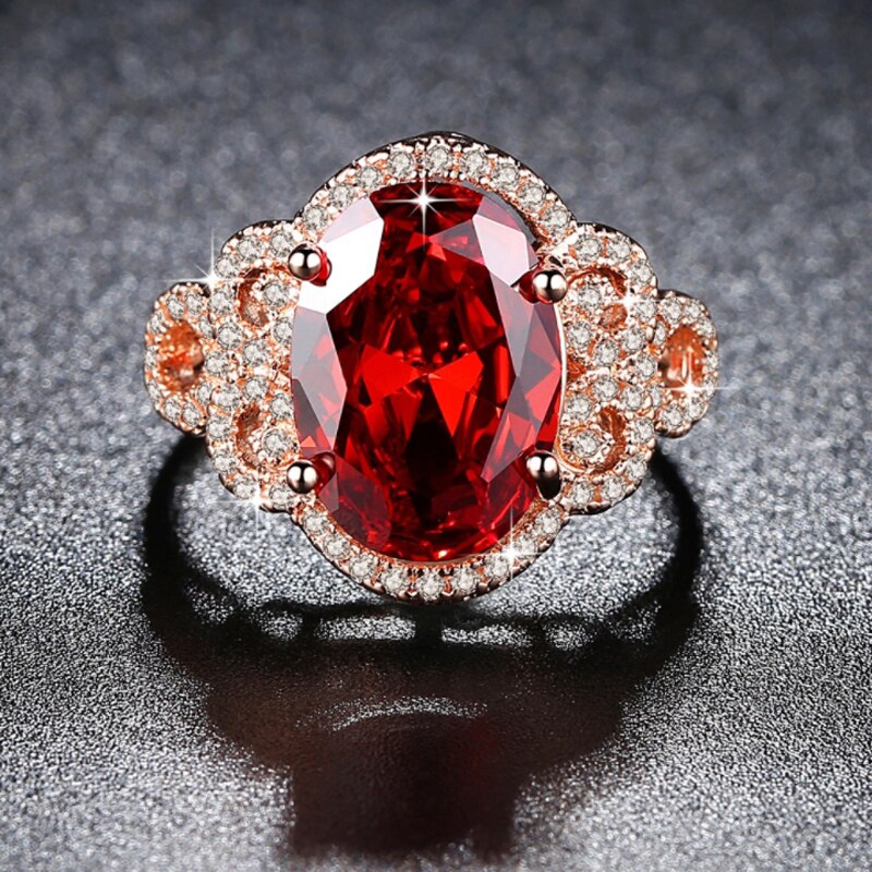 Valentine's Day Womens Rose gold color Big Red CZ Wedding Ring Shiny AAA CZ hollow out Zircon Ring Girls Party Jewelry Anel