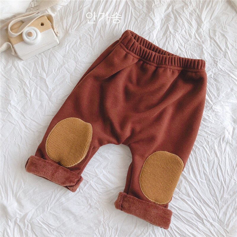Bébé garçons filles genou Patch pantalon automne hiver Plus velours enfants pur coton Leggings solide enfant en bas âge Pp pantalon: brown / 12M