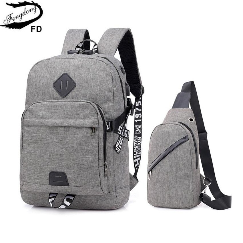 Fengdong adolescent garçons sac à dos scolaire anti-vol simple sacs d'école pour hommes mot de passe serrure sac à dos pour ordinateur portable usb sac de poitrine set sac à dos: grey