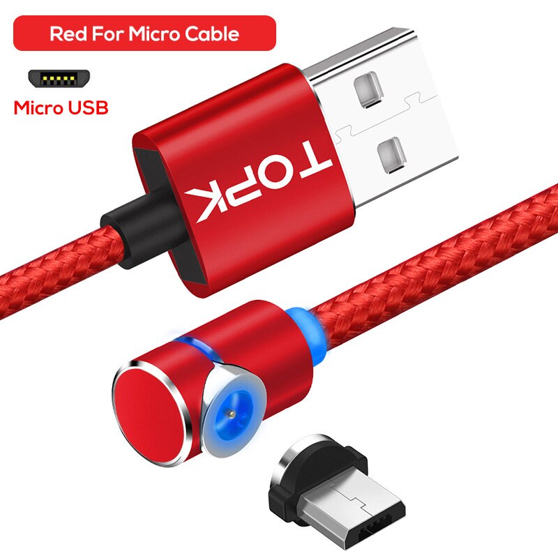 Topk AM30 Magnetische Oplaadkabel, 90 Graden Led Kabel Voor Iphone 11X8 7 6 Plus & Micro Usb Kabel & Usb Type-C Usb C Kabel: Red Micro Cable / 1M