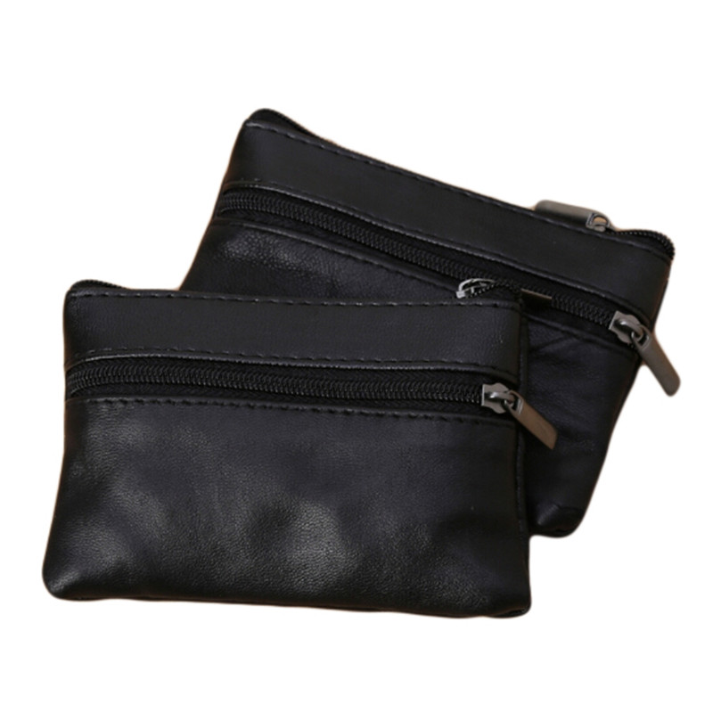 Mannen Vrouwen Coin Key Soft Holder Zip Leather Wallet Bag Purse Zwart Mini Munthouders