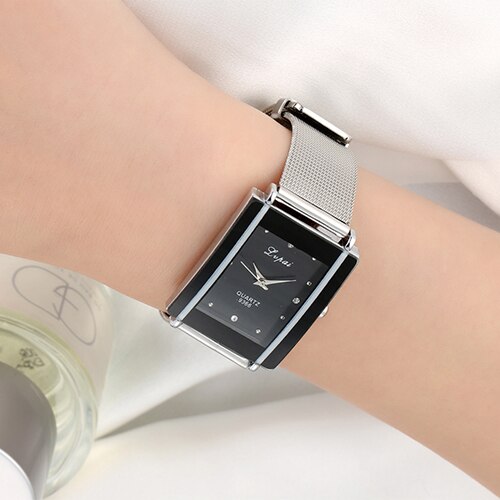 Men Women Rectangle Dial Stainless Steel Net Strap Quartz Wrist Watch