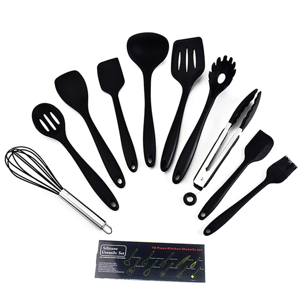 10 unids/set cuchara de cocina pala batidor de huevos cucharón de la vajilla grado alimenticio multifunción herramientas de cocina Kit cuchara de colador ware Pan: Black 10pcs