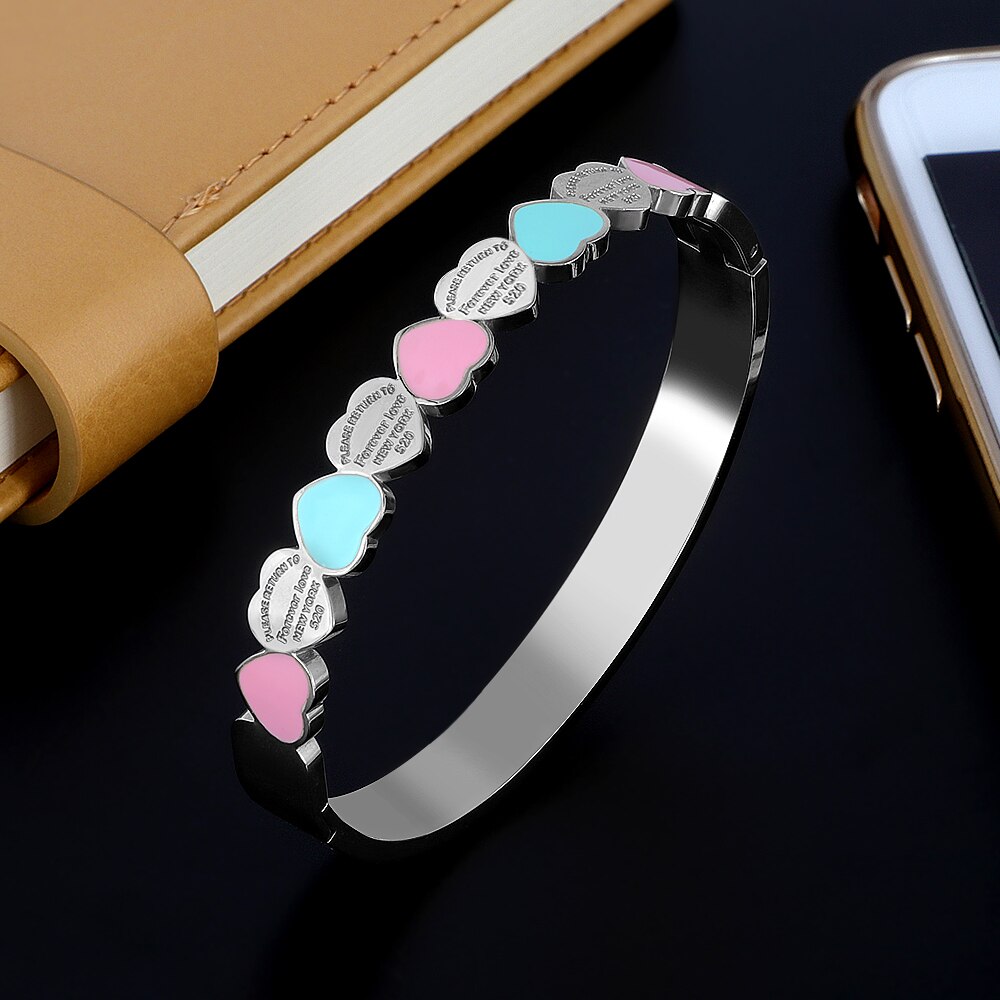 Sweet Heart Charm Cuff Bangles For Girls Stainless Steel Gold Plating 8mm Width Luxury Wristband Wedding Women Female Jewelry: Silver