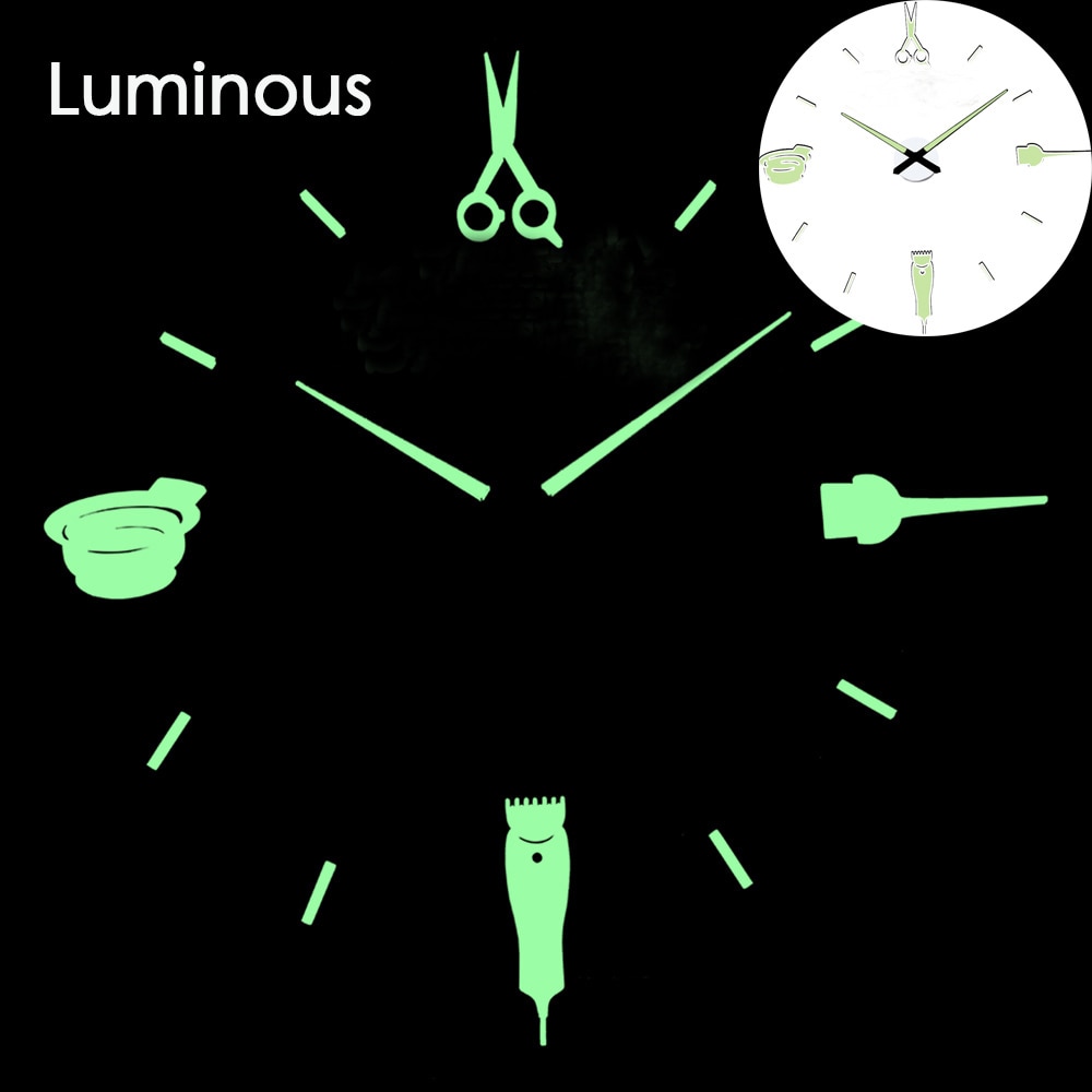 Leuchtende 3D-Wanduhr, große Uhren, modernes , Luminova-Uhrenaufkleber, Spiegel, Friseursalon, Friseur-Haarschnitt