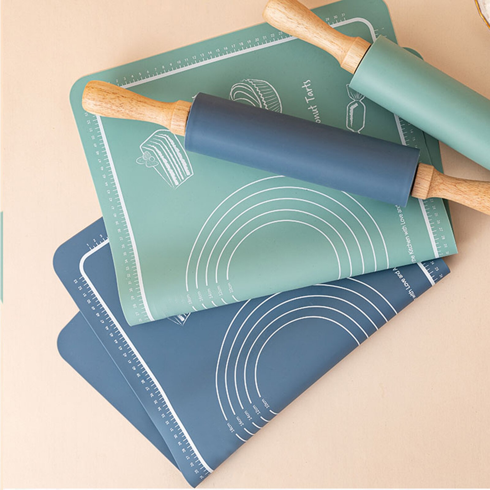 Silicone Kneading Pad Set 3 Pieces Pastry Mat with Measurement Rolling Pin Cutter Counter Broad Cake Baking Dough Cookies Mat